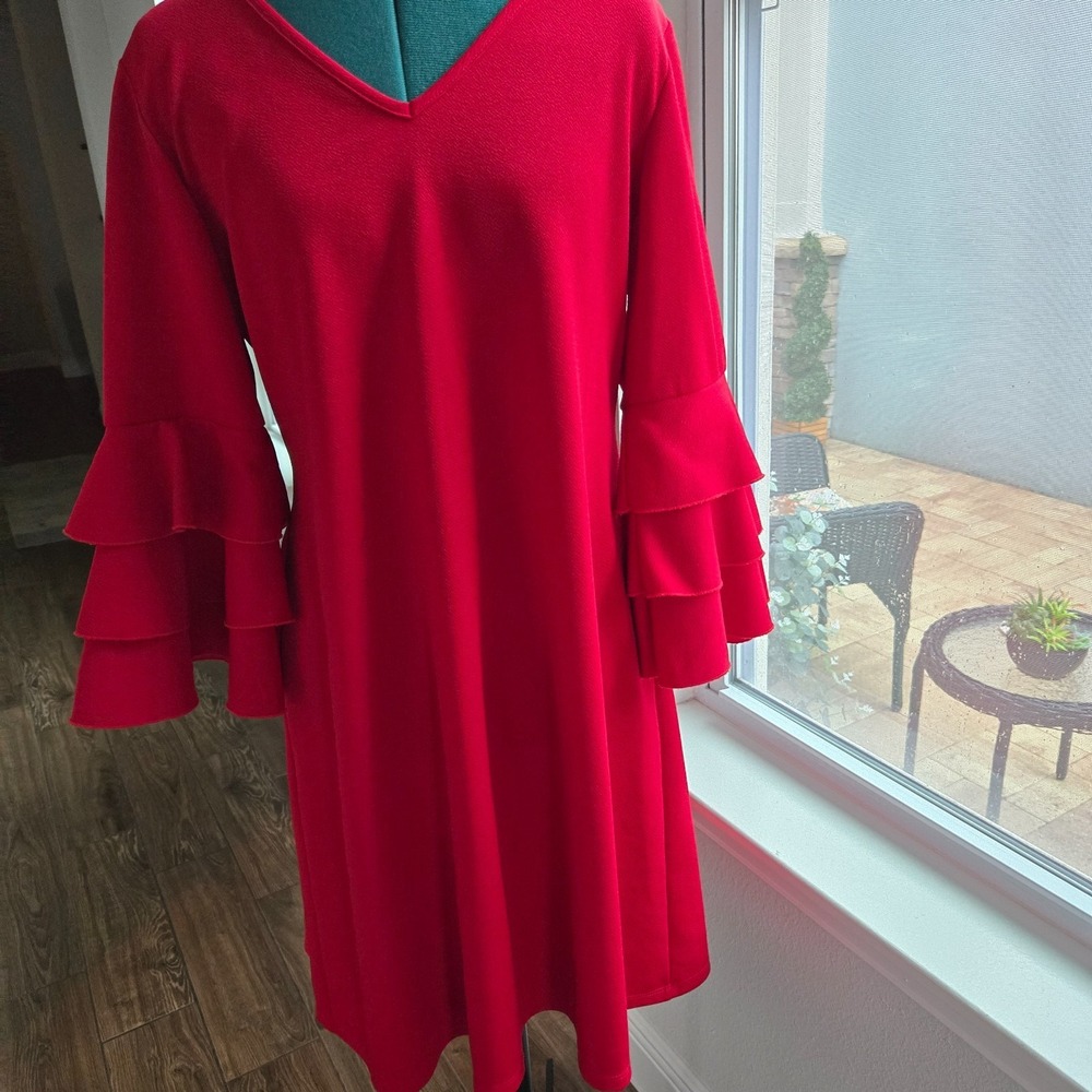 Olivia Matthews A-Line Dress Womens 1X Red Flutter Bell Sleeve Stretch V-Neck